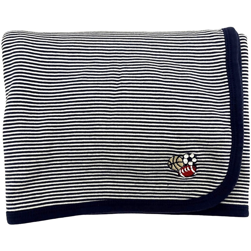 Little Me Navy White Stripe Sports Balls Baby Boy Blanket Cotton Stretchy Blue